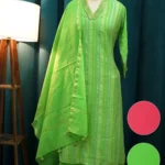 Festive Striped Kurta Set with Dupatta (Green & Pink)