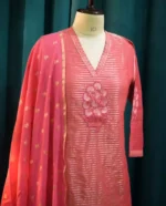 Festive Striped Kurta Set with Dupatta (Green & Pink) - Image 5