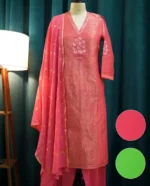 Festive Striped Kurta Set with Dupatta (Green & Pink) - Image 4