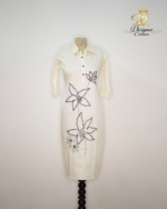 Sequin-Embellished Floral Motif Midi Shirtdress