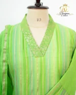 Lime Green Striped Kurta Pant Set with Dupatta - Image 2
