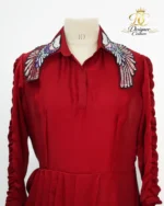 Crimson Red Embellished Collar Draped Couture Dress - Image 2