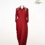 Crimson Red Embellished Collar Draped Couture Dress