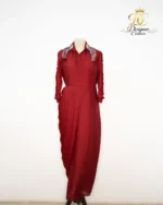Crimson Red Embellished Collar Draped Couture Dress