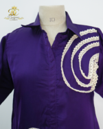 Designer Couture Purple Silk Shirt Dress with Contrast Lace Appliqué - Image 2