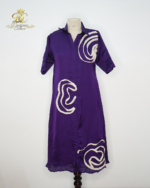 Designer Couture Purple Silk Shirt Dress with Contrast Lace Appliqué