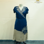 Midnight Blue & Sage Color-Blocked Midi Gown with Geometric Embroidery