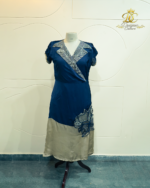 Midnight Blue & Sage Color-Blocked Midi Gown with Geometric Embroidery