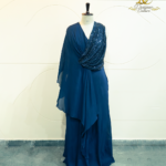 Midnight Blue Sequin and Chiffon Asymmetric Draped Evening Gown