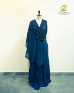 Midnight Blue Sequin and Chiffon Asymmetric Draped Evening Gown
