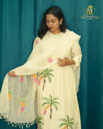 Designer Hand-Embroidered Tropical Palm Motif Silk Kurta Set with Organza Dupatta - Image 3