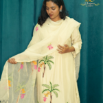 Designer Hand-Embroidered Tropical Palm Motif Silk Kurta Set with Organza Dupatta