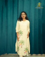 Designer Hand-Embroidered Tropical Palm Motif Silk Kurta Set with Organza Dupatta - Image 5