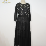 Designer Couture Black Tiered Maxi Dress - Chevron Pattern Inner with White Sequin Tassels