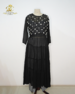 Designer Couture Black Tiered Maxi Dress - Chevron Pattern Inner with White Sequin Tassels
