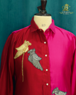 Designer Couture Two-Tone Silk Tunic and Pants Set – Deep Red & Hot Pink - Image 2