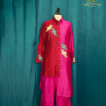 Designer Couture Two-Tone Silk Tunic and Pants Set – Deep Red & Hot Pink