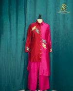 Designer Couture Two-Tone Silk Tunic and Pants Set – Deep Red & Hot Pink