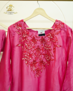 Magenta Silk Kurta Set with Intricate Floral Neck Embroidery & Scalloped Borders - Image 2
