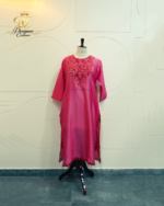 Magenta Silk Kurta Set with Intricate Floral Neck Embroidery & Scalloped Borders - Image 3