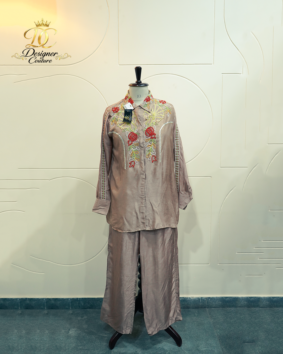 18 Taupe Silk Floral Embroidered Co-Ord Set - Image 1