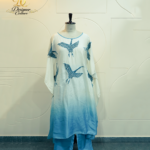 Sky-Blue Crane Embroidered Ombré Silk Kaftan Set