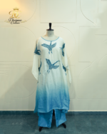 Sky-Blue Crane Embroidered Ombré Silk Kaftan Set