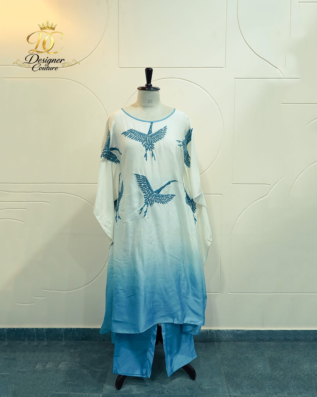 19 Sky-Blue Crane Embroidered Ombré Silk Kaftan Set - Image 1