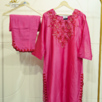 Magenta Silk Kurta Set with Intricate Floral Neck Embroidery & Scalloped Borders