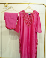 Magenta Silk Kurta Set with Intricate Floral Neck Embroidery & Scalloped Borders