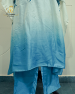 Sky-Blue Crane Embroidered Ombré Silk Kaftan Set - Image 2