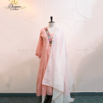 Peach Checkered Anarkali Suit Set with Embroidered Neckline & Scalloped Dupatta