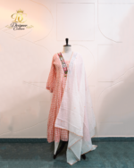 Peach Checkered Anarkali Suit Set with Embroidered Neckline & Scalloped Dupatta