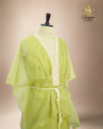 Olive Lime Organza Embroidered Kaftan Set - Image 3