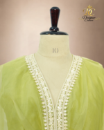 Olive Lime Organza Embroidered Kaftan Set - Image 5
