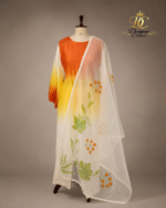 Tangerine & Marigold Ombré Suit Set with Floral Organza Dupatta