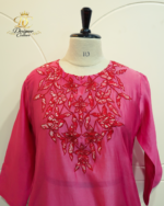 Magenta Silk Kurta Set with Intricate Floral Neck Embroidery & Scalloped Borders - Image 5