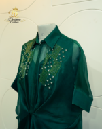 Emerald Green Hand-Embellished Collared Kaftan Dress - Image 2