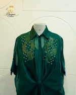 Emerald Green Hand-Embellished Collared Kaftan Dress - Image 3