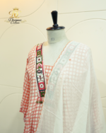 Peach Checkered Anarkali Suit Set with Embroidered Neckline & Scalloped Dupatta - Image 3
