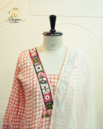 Peach Checkered Anarkali Suit Set with Embroidered Neckline & Scalloped Dupatta - Image 4