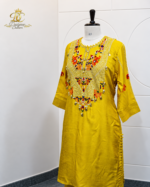 Mustard Yellow Folk-Embroidered Kurta Set with Coin Accents - Image 4