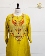 Mustard Yellow Folk-Embroidered Kurta Set with Coin Accents - Image 3