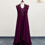 Deep Plum Sequined V-Neck Layered Anarkali Gown