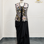 Black Floral Hand-Embroidered Jacket & Draped Skirt Set