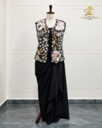 Black Floral Hand-Embroidered Jacket & Draped Skirt Set
