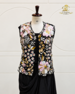 Black Floral Hand-Embroidered Jacket & Draped Skirt Set - Image 4