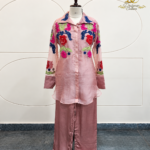 Dusty Rose Floral Embroidered Sheer Tunic & Silk Pants Set