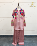 Dusty Rose Floral Embroidered Sheer Tunic & Silk Pants Set