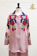Dusty Rose Floral Embroidered Sheer Tunic & Silk Pants Set - Image 4